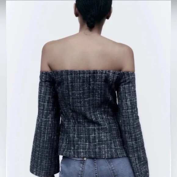 New! Zara Off The Shoulder Square Neckline Top Blue Black Tweed 31940 - Picture 3 of 13